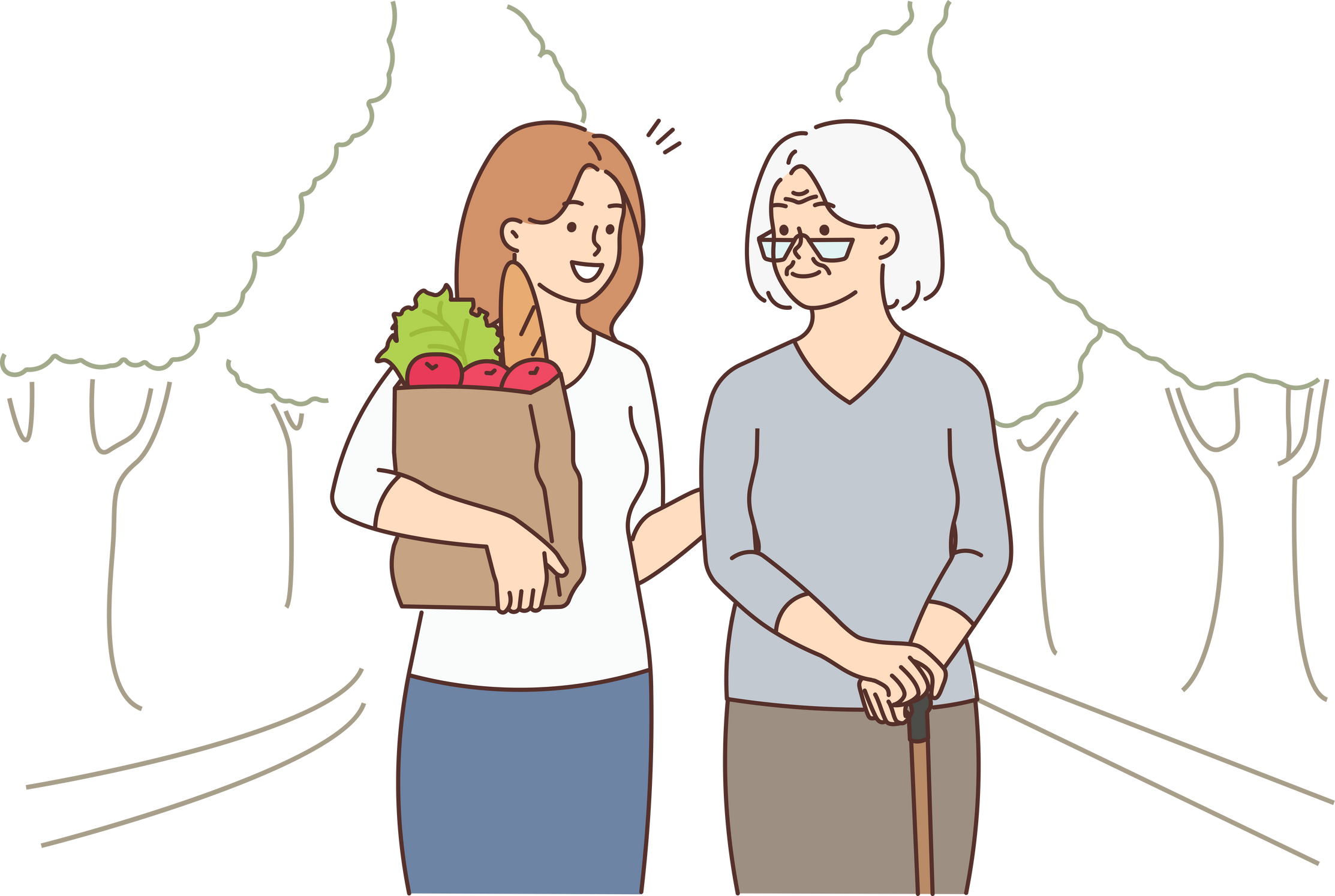 Girl with groceries help old grandmother